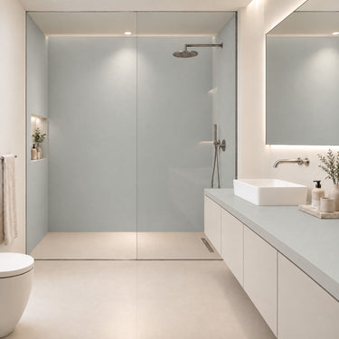 Gray matte Silk interieurfolie als douchewand en badmeubel in badkamer